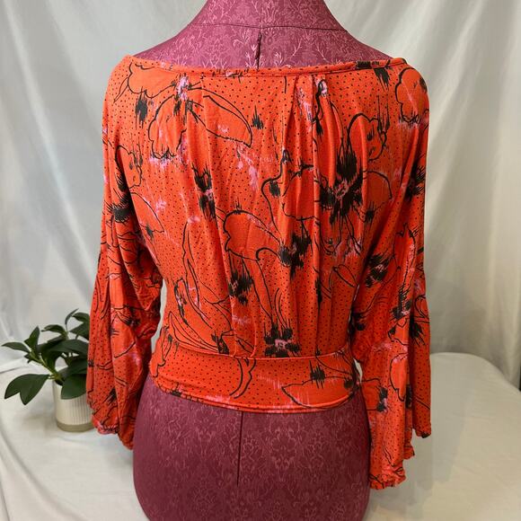 Free People Floral Wrap Blouse Boho Bell Sleeve Festival Top XS - Picture 4 of 9